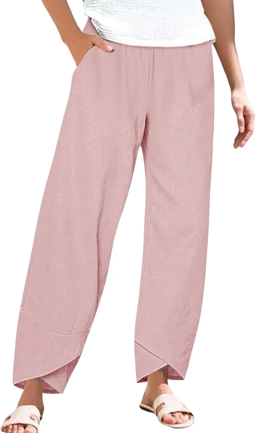 Women's Wide Leg Pants with Pockets Work Pants with Pockets Elastic High Waist Paper Summer Boho Wide Leg High Waist