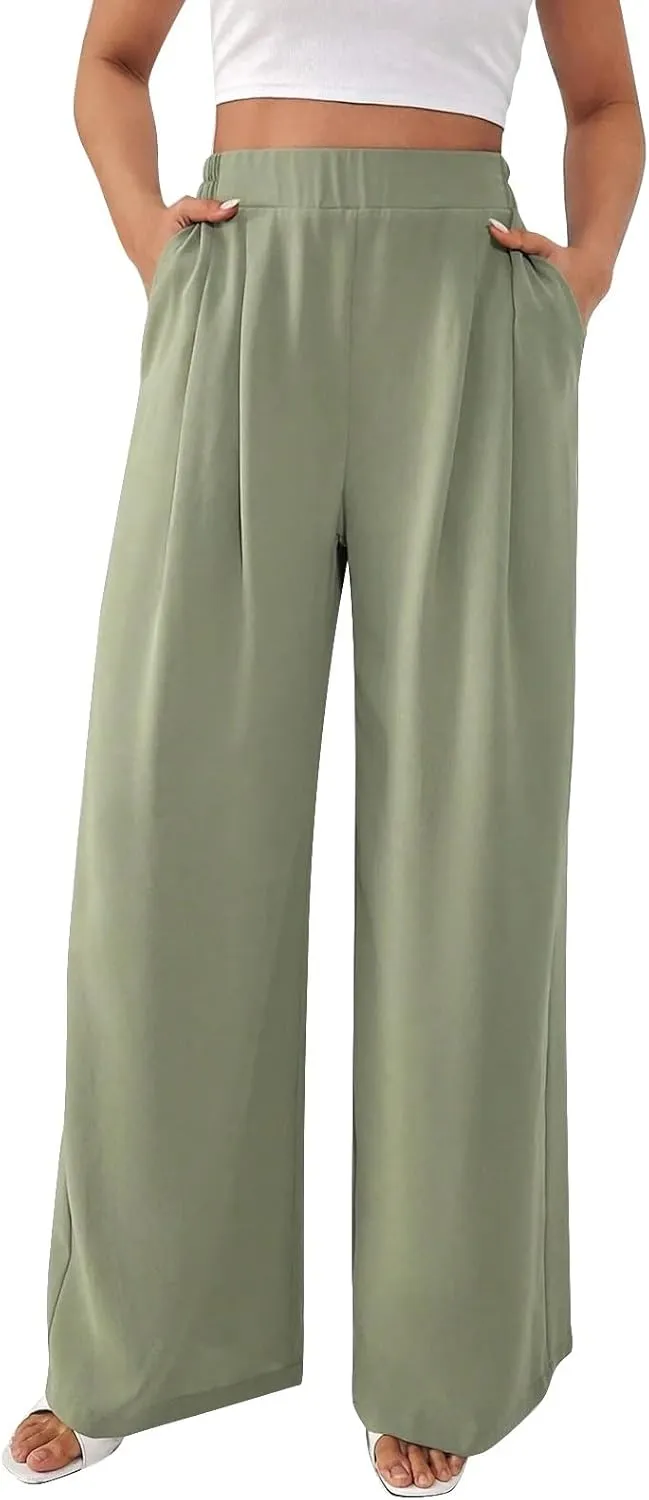 Women's Wide Leg Work Pants High Waist Elastic Dress Lightweight Palazzo Pant Business Casual Trousers with Pockets