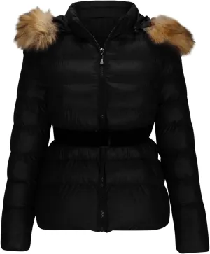 Women's Winter Padded Down Cotton Coat Warm Quilted Puffer Jacket Zip Belted Short Parka with Faux Fur Detachable Hood