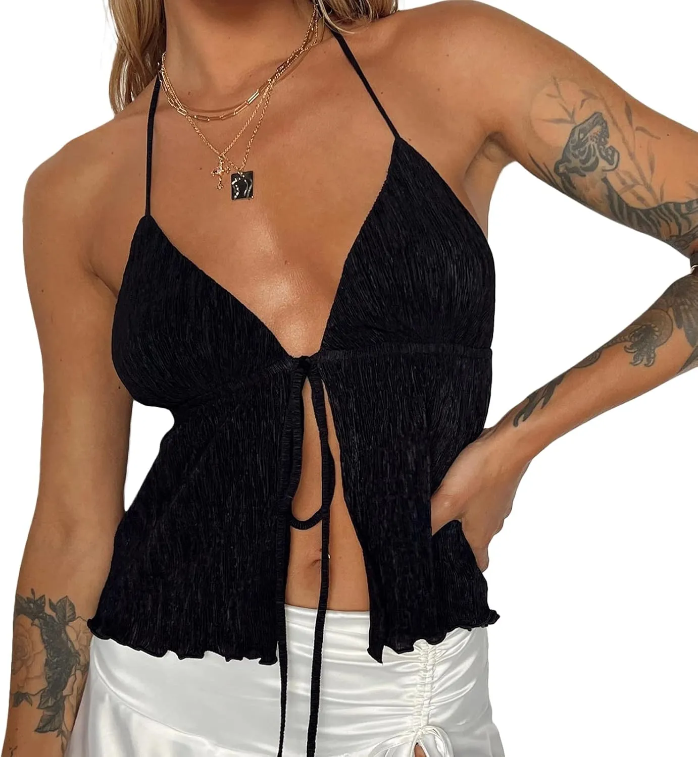 Womens Y2k Crop Tank Top Spaghetti Strap Deep V Neck Tie Front Camisole Sleeveless Ruched Ruffle Cami Shirts