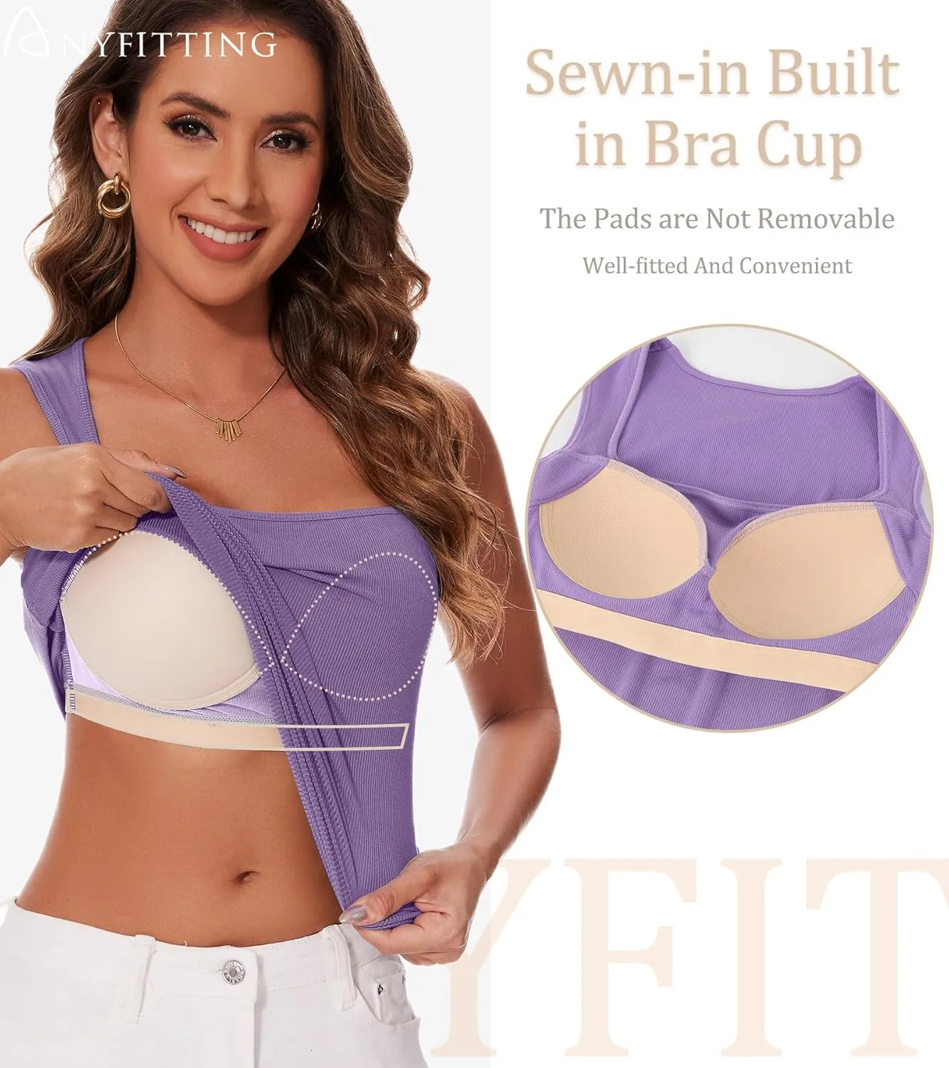 Womne Ribbed Tank Top with Sewn in Built in Bra Cup Sleevless Form Fitting Push Up Padded Bra Cami Shirt Basic Knit Tee S-3XL