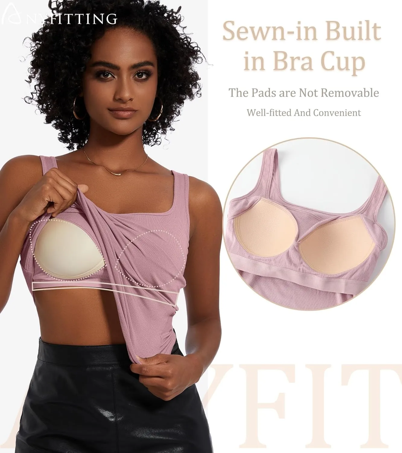 Womne Ribbed Tank Top with Sewn in Built in Bra Cup Sleevless Form Fitting Push Up Padded Bra Cami Shirt Basic Knit Tee S-3XL