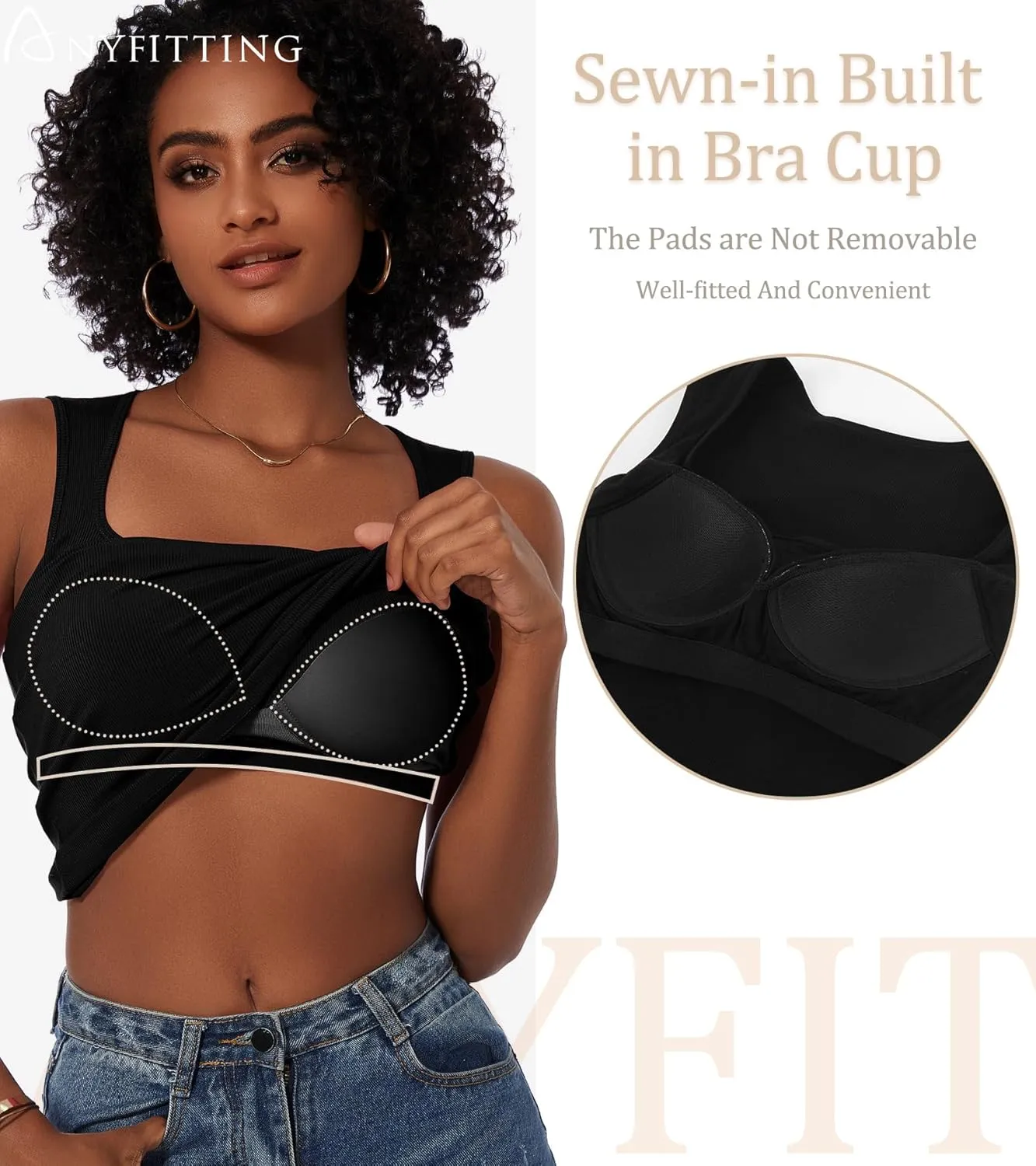 Womne Ribbed Tank Top with Sewn in Built in Bra Cup Sleevless Form Fitting Push Up Padded Bra Cami Shirt Basic Knit Tee S-3XL