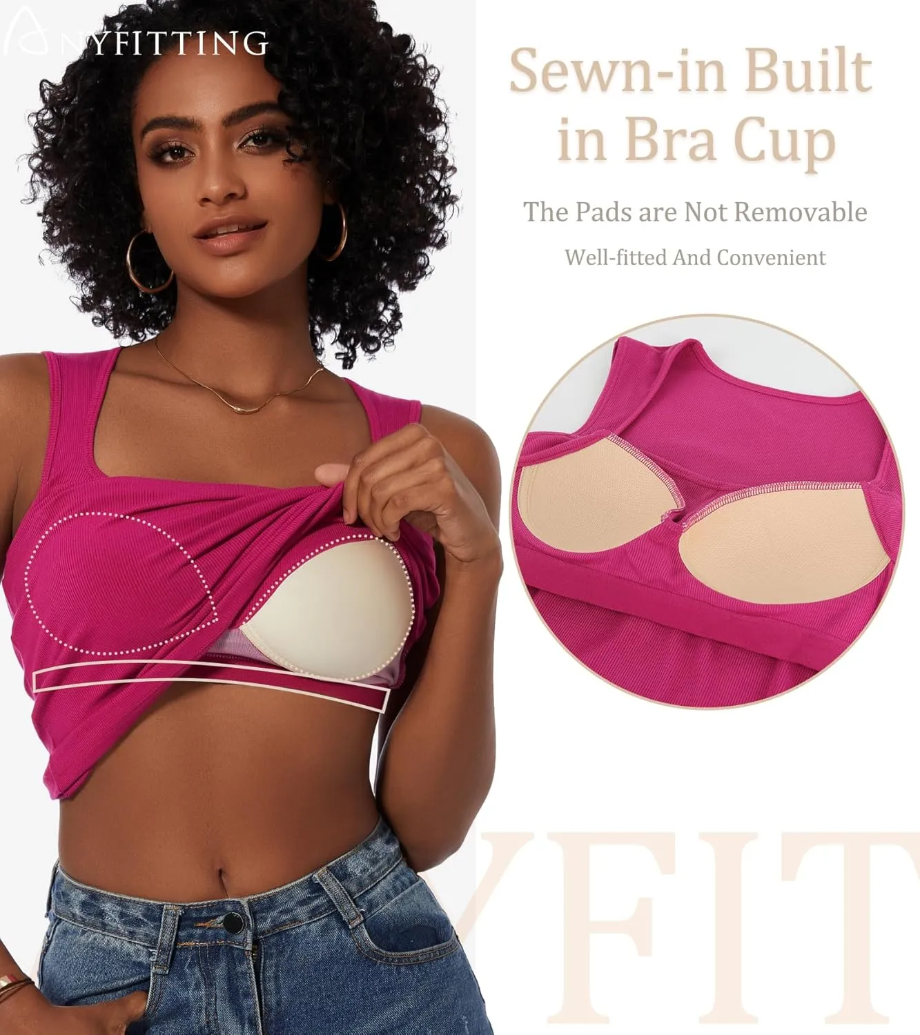 Womne Ribbed Tank Top with Sewn in Built in Bra Cup Sleevless Form Fitting Push Up Padded Bra Cami Shirt Basic Knit Tee S-3XL