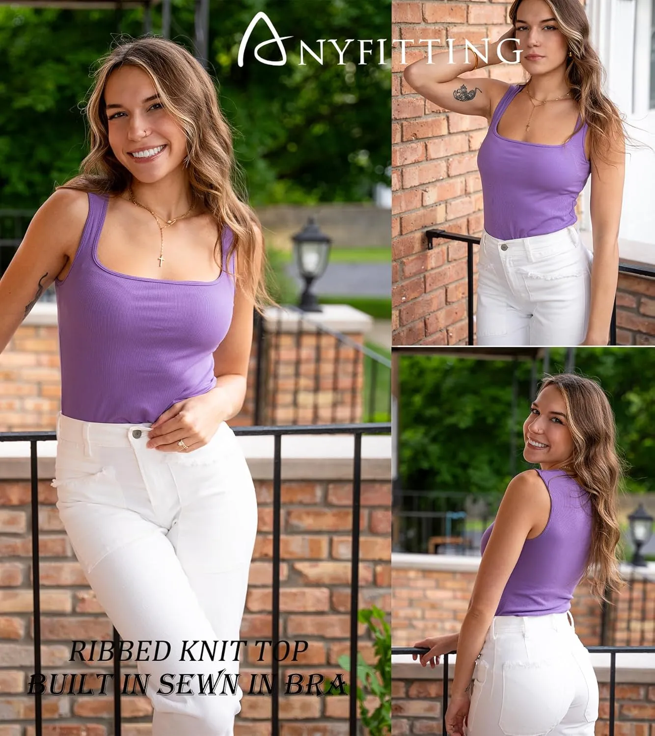 Womne Ribbed Tank Top with Sewn in Built in Bra Cup Sleevless Form Fitting Push Up Padded Bra Cami Shirt Basic Knit Tee S-3XL