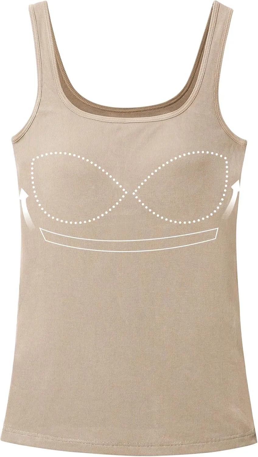 Womne Ribbed Tank Top with Sewn in Built in Bra Cup Sleevless Form Fitting Push Up Padded Bra Cami Shirt Basic Knit Tee S-3XL