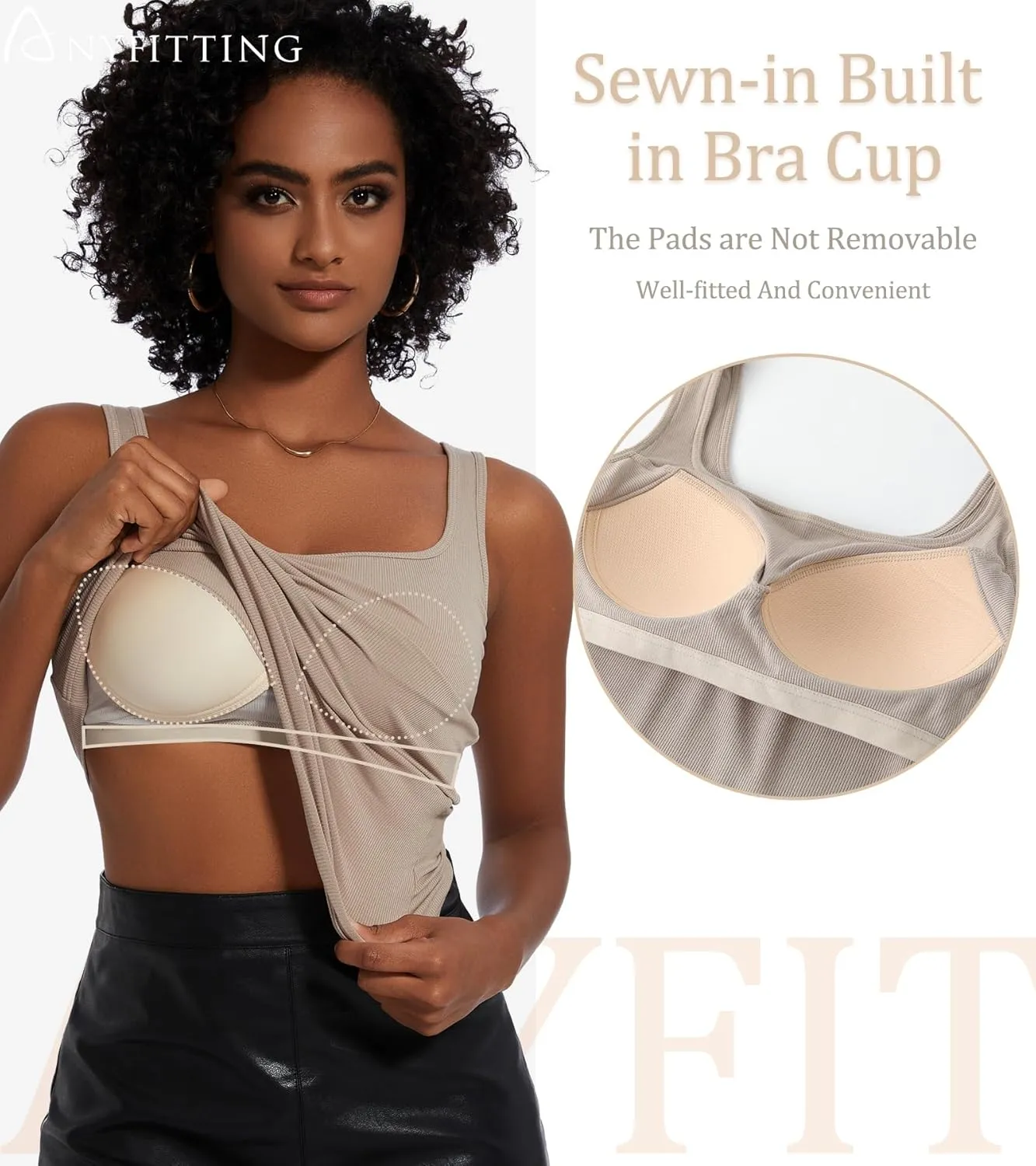 Womne Ribbed Tank Top with Sewn in Built in Bra Cup Sleevless Form Fitting Push Up Padded Bra Cami Shirt Basic Knit Tee S-3XL