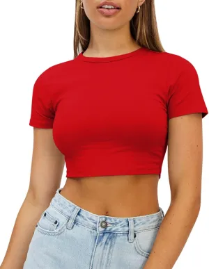 WYNNQUE Womens Crop Tops Cute Summer Scoop Neck Basic Tees Slim Fit Trendy Short Sleeve T Shirts for Teen Girls 2025