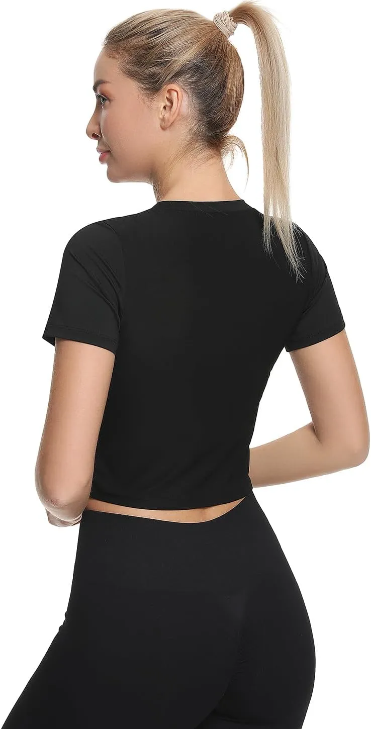 Xelky Women's Crop Dry Fit T-Shirt Workout Short Sleeve Solid Cropped Top V Neck Casual Fitted Yoga Tees