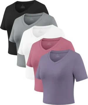 Xelky Women's Crop Dry Fit T-Shirt Workout Short Sleeve Solid Cropped Top V Neck Casual Fitted Yoga Tees