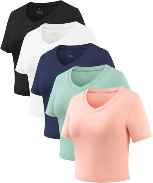 Xelky Women's Crop Dry Fit T-Shirt Workout Short Sleeve Solid Cropped Top V Neck Casual Fitted Yoga Tees