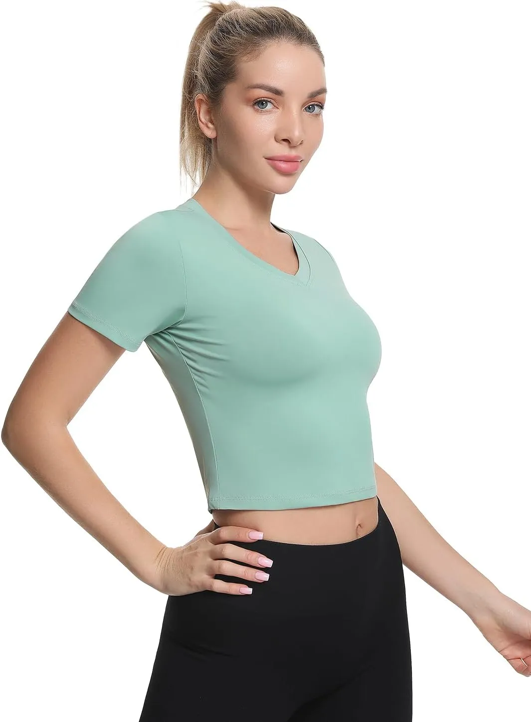 Xelky Women's Crop Dry Fit T-Shirt Workout Short Sleeve Solid Cropped Top V Neck Casual Fitted Yoga Tees