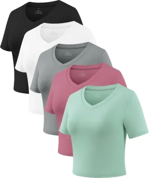 Xelky Women's Crop Dry Fit T-Shirt Workout Short Sleeve Solid Cropped Top V Neck Casual Fitted Yoga Tees