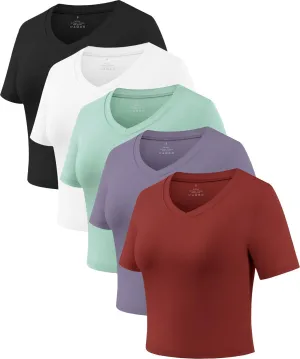 Xelky Women's Crop Dry Fit T-Shirt Workout Short Sleeve Solid Cropped Top V Neck Casual Fitted Yoga Tees