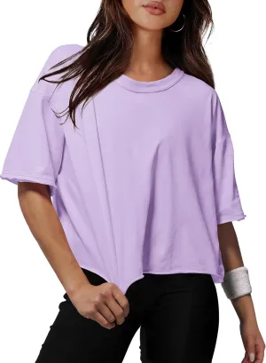XIEERDUO Cotton Tshirts for Women Drop Shoulder Round Neck Oversized Crop Tops Workout Tops Tees