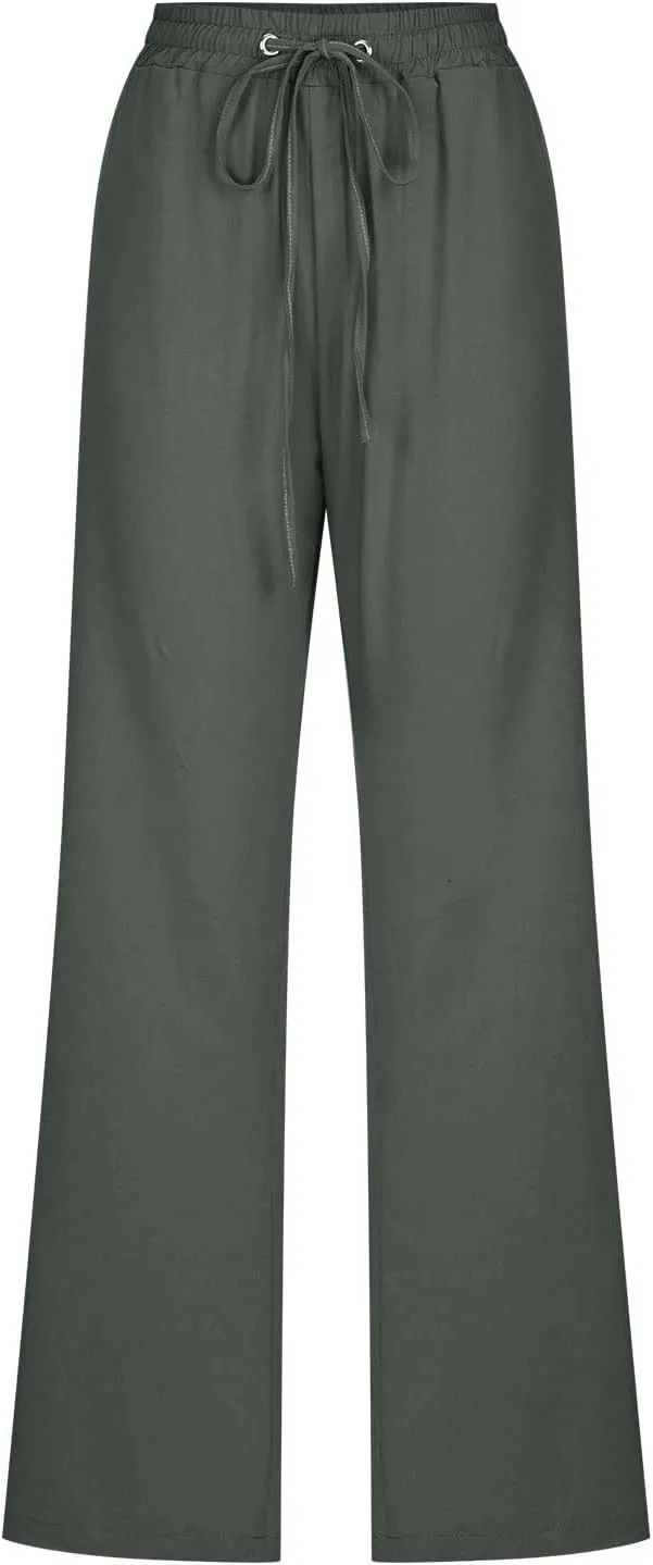 XUNRYAN Linen Pants Women Summer Drawstring Elastic High Waist Wide Leg Loose Fit Trousers Palazzo Lounge Pants w Pockets