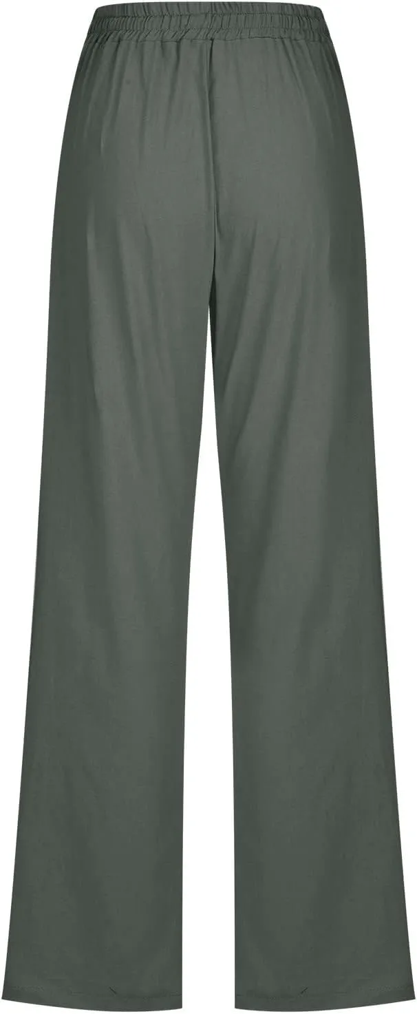 XUNRYAN Linen Pants Women Summer Drawstring Elastic High Waist Wide Leg Loose Fit Trousers Palazzo Lounge Pants w Pockets