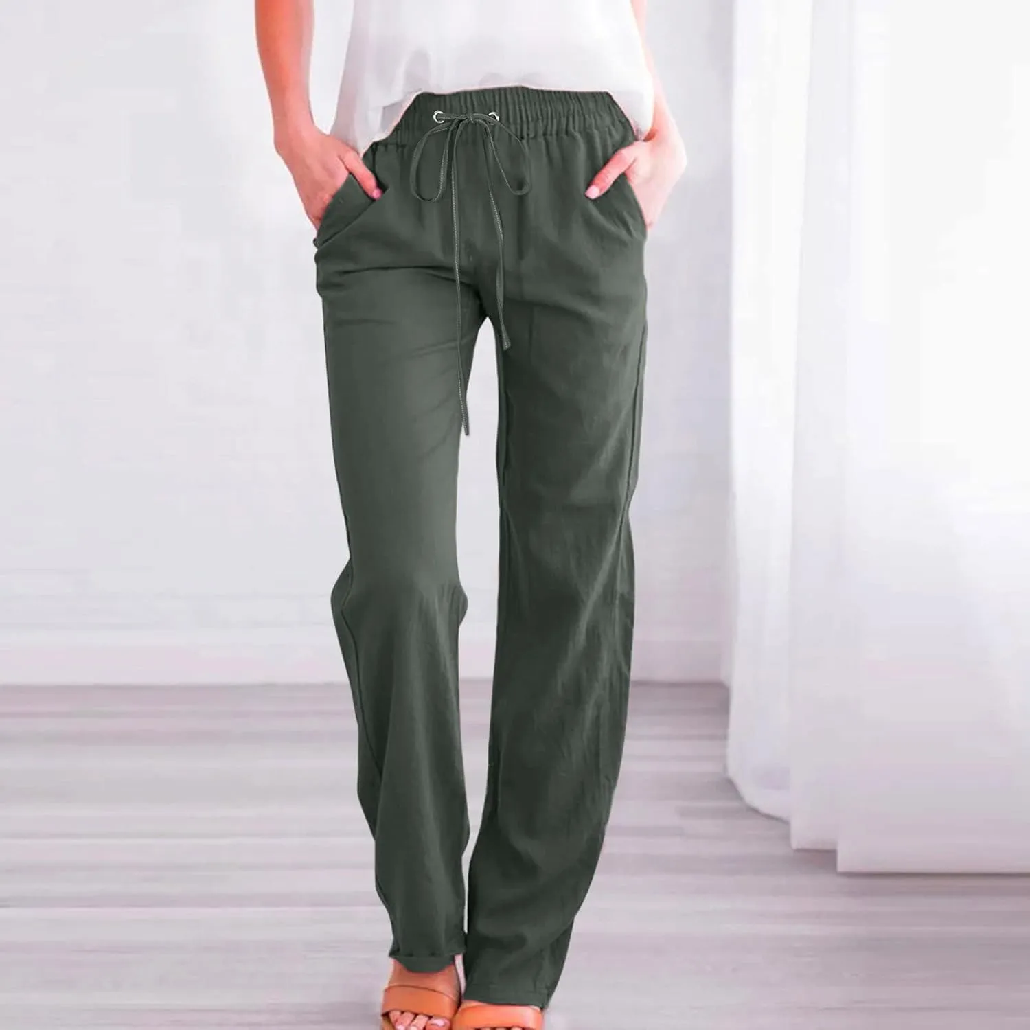 XUNRYAN Linen Pants Women Summer Drawstring Elastic High Waist Wide Leg Loose Fit Trousers Palazzo Lounge Pants w Pockets