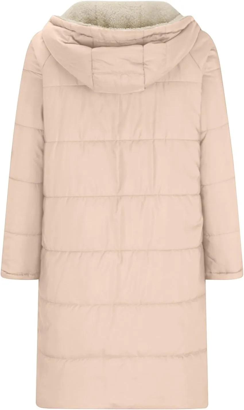 XUNRYAN Womens Sherpa Puffer Jackets Zip Up Long Parka Quilted Lightweight Down Coat Fleece Lined Outdoor Anorak Hood