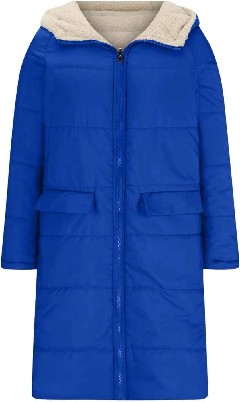 XUNRYAN Womens Sherpa Puffer Jackets Zip Up Long Parka Quilted Lightweight Down Coat Fleece Lined Outdoor Anorak Hood