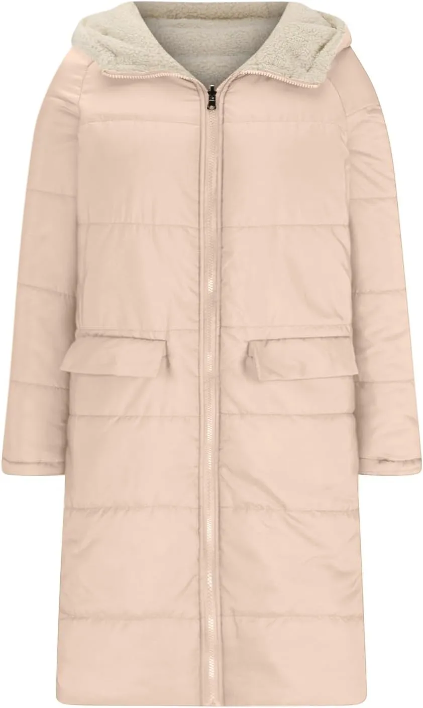 XUNRYAN Womens Sherpa Puffer Jackets Zip Up Long Parka Quilted Lightweight Down Coat Fleece Lined Outdoor Anorak Hood