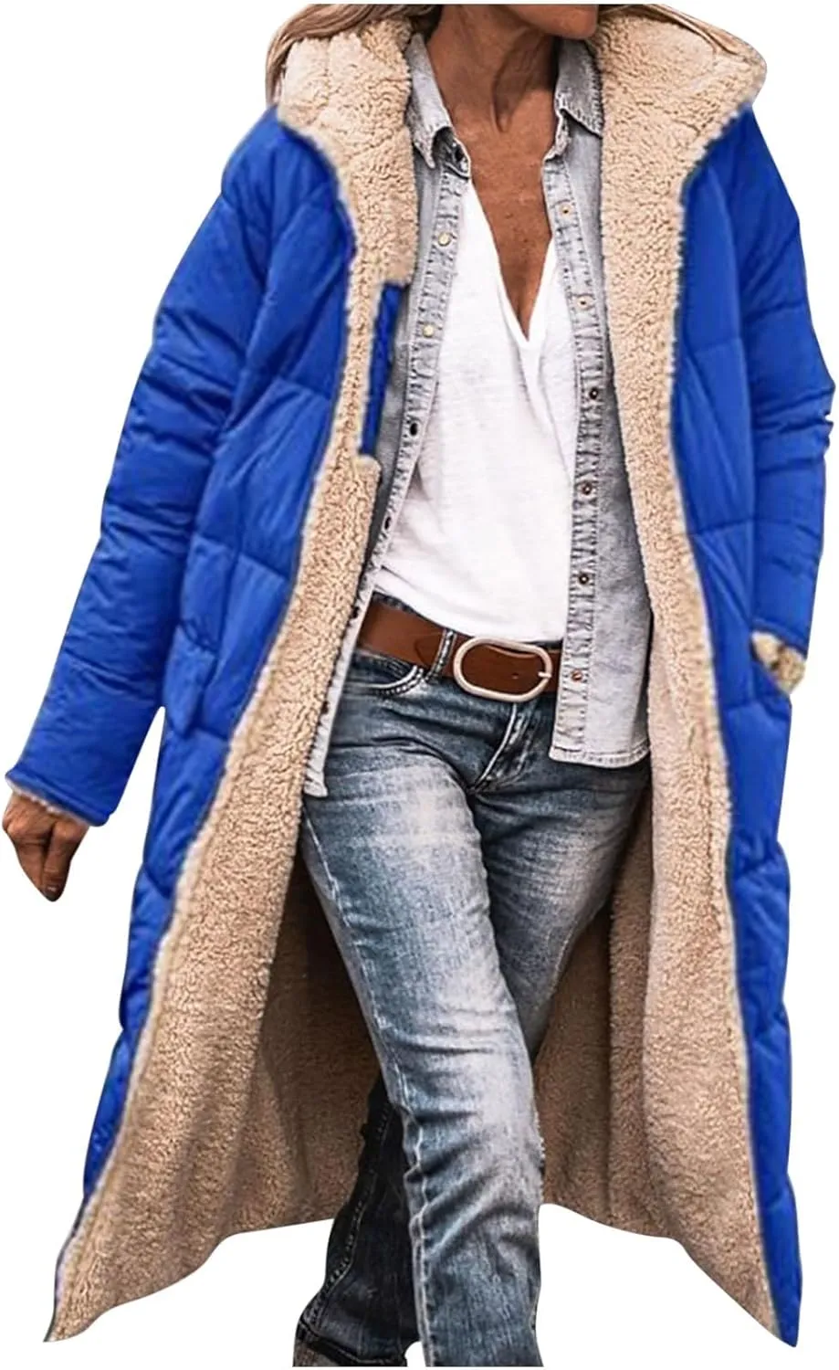 XUNRYAN Womens Sherpa Puffer Jackets Zip Up Long Parka Quilted Lightweight Down Coat Fleece Lined Outdoor Anorak Hood