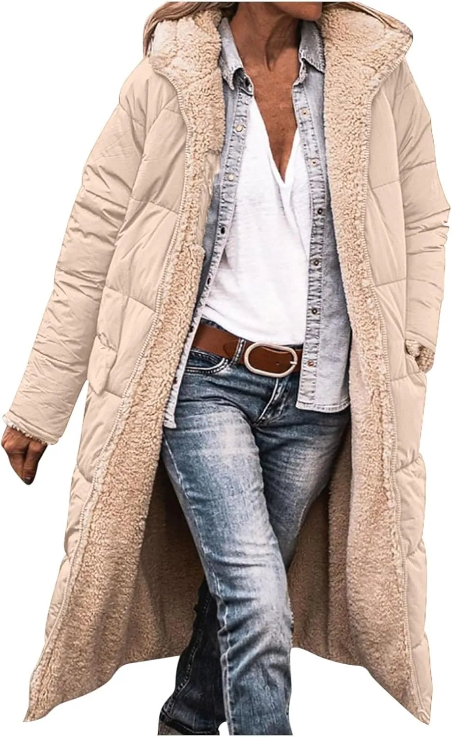 XUNRYAN Womens Sherpa Puffer Jackets Zip Up Long Parka Quilted Lightweight Down Coat Fleece Lined Outdoor Anorak Hood