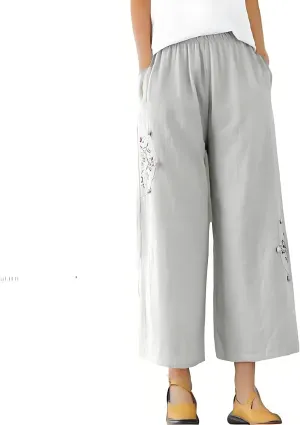 YRAETENM Cotton Linen Pants for Women Embroideried Capri Palazzo Wide Leg Pants Comfy Baggy Slacks Trousers with Pockets
