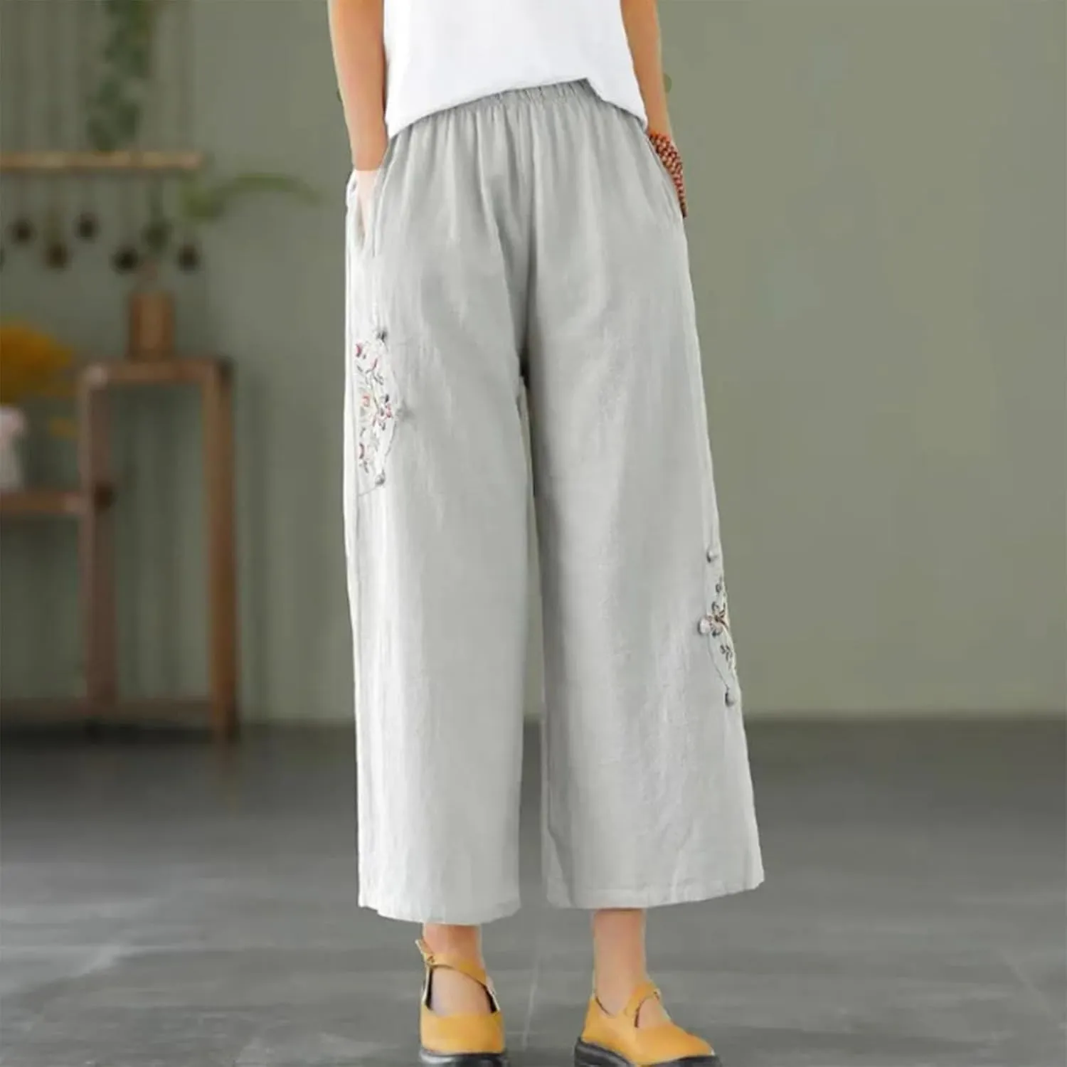 YRAETENM Cotton Linen Pants for Women Embroideried Capri Palazzo Wide Leg Pants Comfy Baggy Slacks Trousers with Pockets