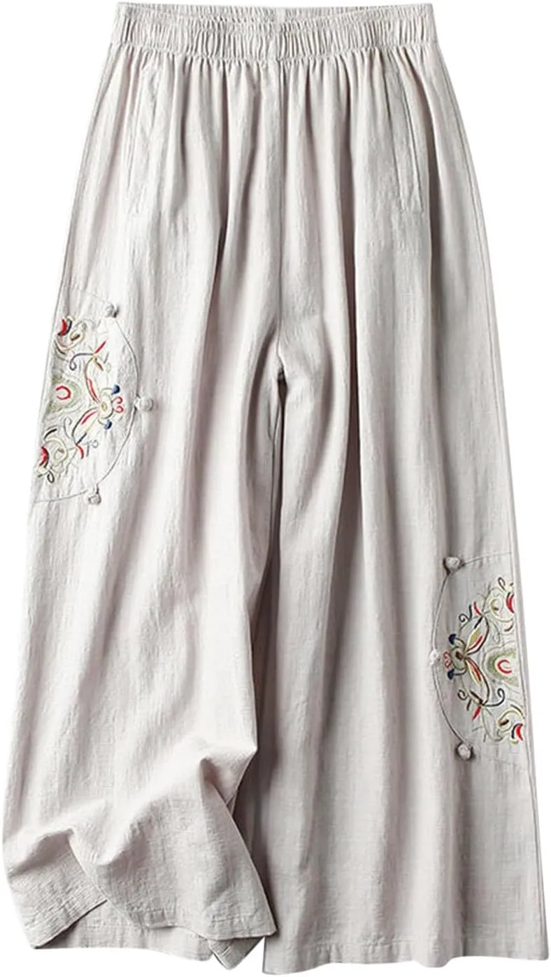YRAETENM Cotton Linen Pants for Women Embroideried Capri Palazzo Wide Leg Pants Comfy Baggy Slacks Trousers with Pockets