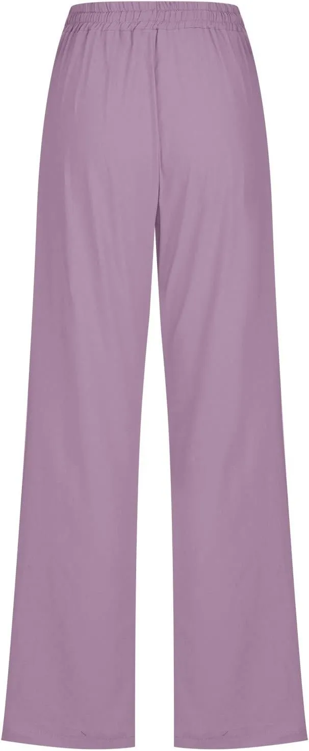 YRAETENM Linen Pants for Women Casual High Waist Drawstring Pants Loose Fit Summer Straight Leg Pants Trousers with Pockets
