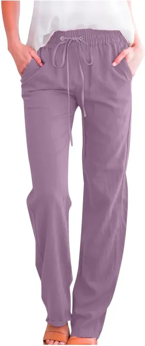 YRAETENM Linen Pants for Women Casual High Waist Drawstring Pants Loose Fit Summer Straight Leg Pants Trousers with Pockets