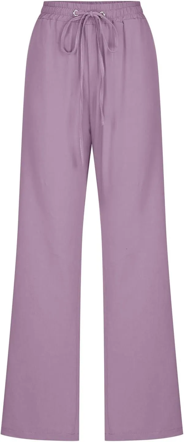 YRAETENM Linen Pants for Women Casual High Waist Drawstring Pants Loose Fit Summer Straight Leg Pants Trousers with Pockets