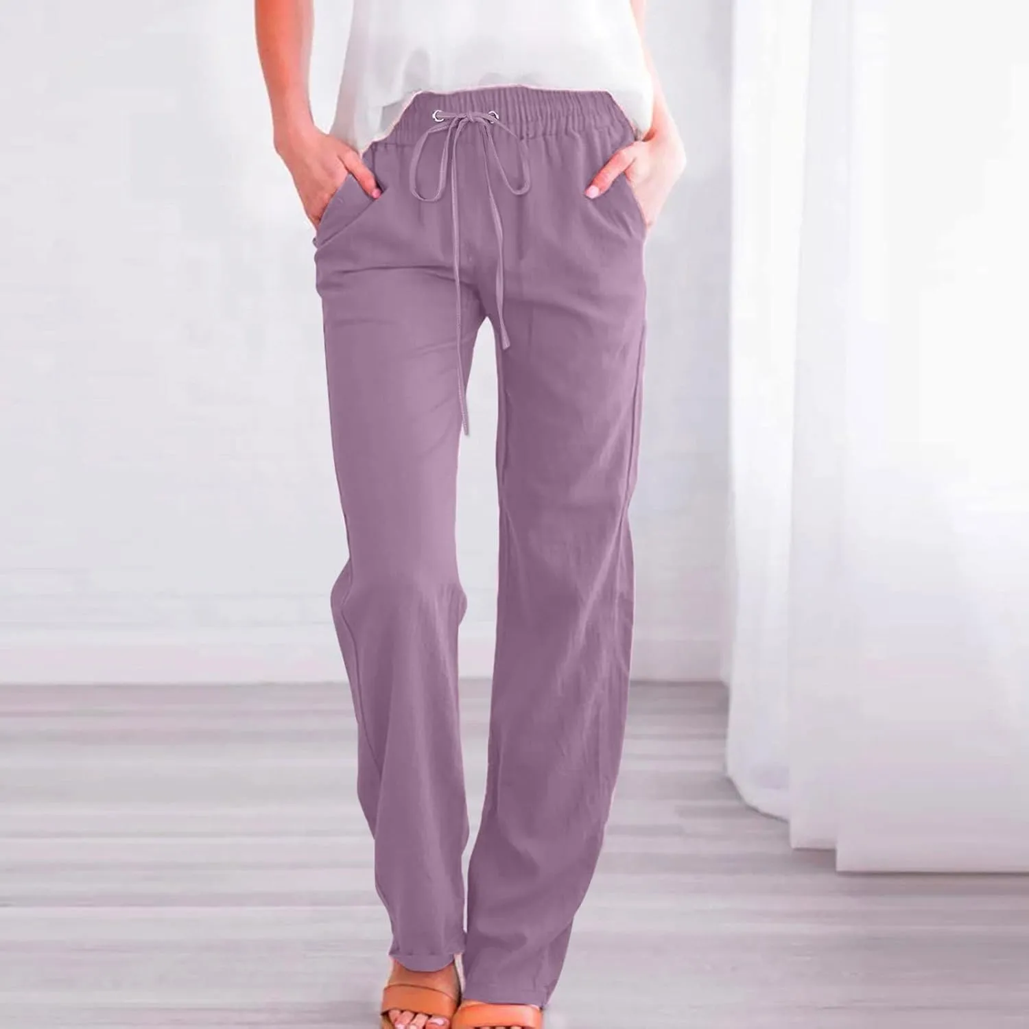 YRAETENM Linen Pants for Women Casual High Waist Drawstring Pants Loose Fit Summer Straight Leg Pants Trousers with Pockets