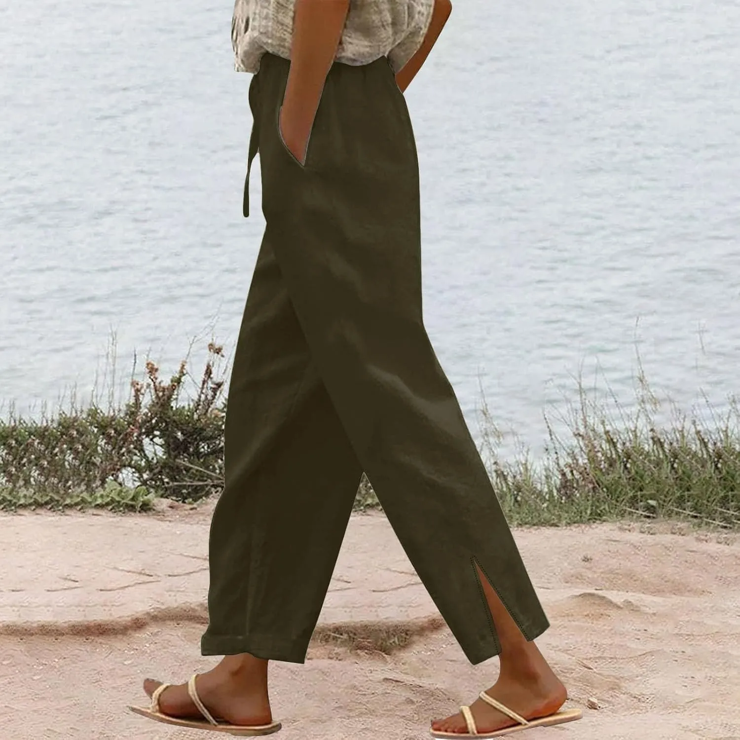 YRAETENM Linen Pants for Women High Waisted Elastic Drawstring Wide Leg Trousers Casual Comfy Beach Outfits with Pockets
