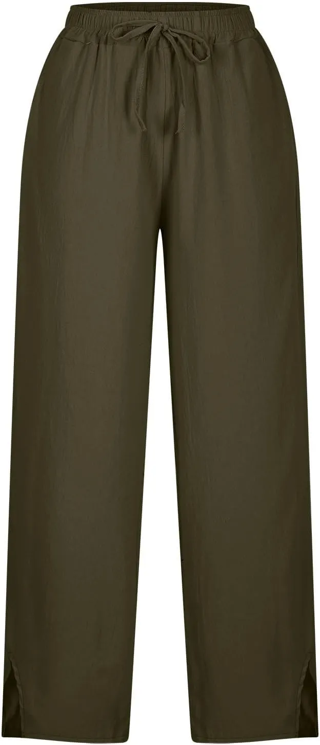 YRAETENM Linen Pants for Women High Waisted Elastic Drawstring Wide Leg Trousers Casual Comfy Beach Outfits with Pockets
