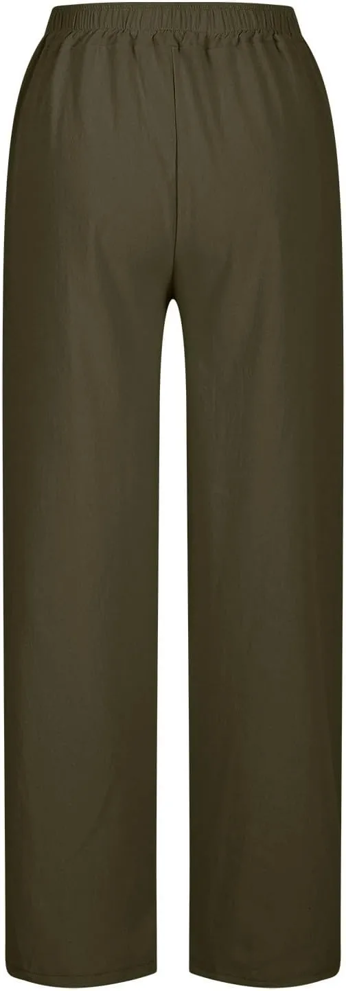 YRAETENM Linen Pants for Women High Waisted Elastic Drawstring Wide Leg Trousers Casual Comfy Beach Outfits with Pockets