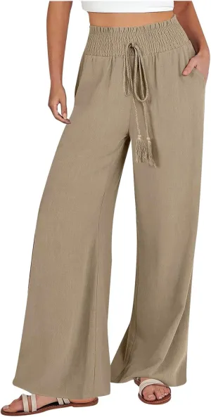YRAETENM Linen Pants Women Boho Wide Leg High Waisted Palazzo Pants Casual Flowy Drawstring Long Lounge Trousers with Pockets