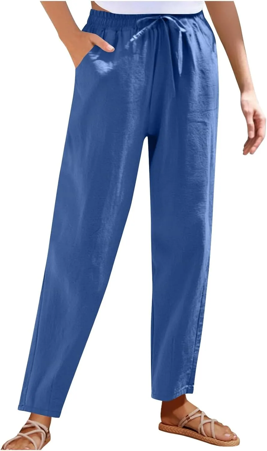 YRAETENM Petite Linen Pants for Women Casual Elastic Drawstring Cotton Trousers Summer Beach Lounge Pants with Pockets