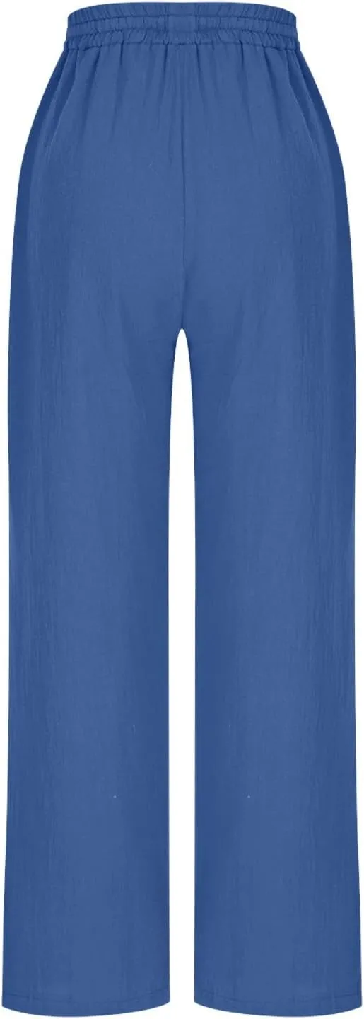 YRAETENM Petite Linen Pants for Women Casual Elastic Drawstring Cotton Trousers Summer Beach Lounge Pants with Pockets