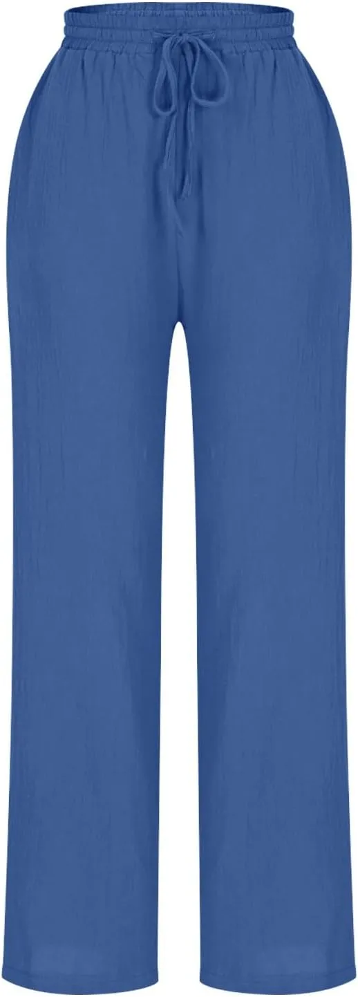 YRAETENM Petite Linen Pants for Women Casual Elastic Drawstring Cotton Trousers Summer Beach Lounge Pants with Pockets