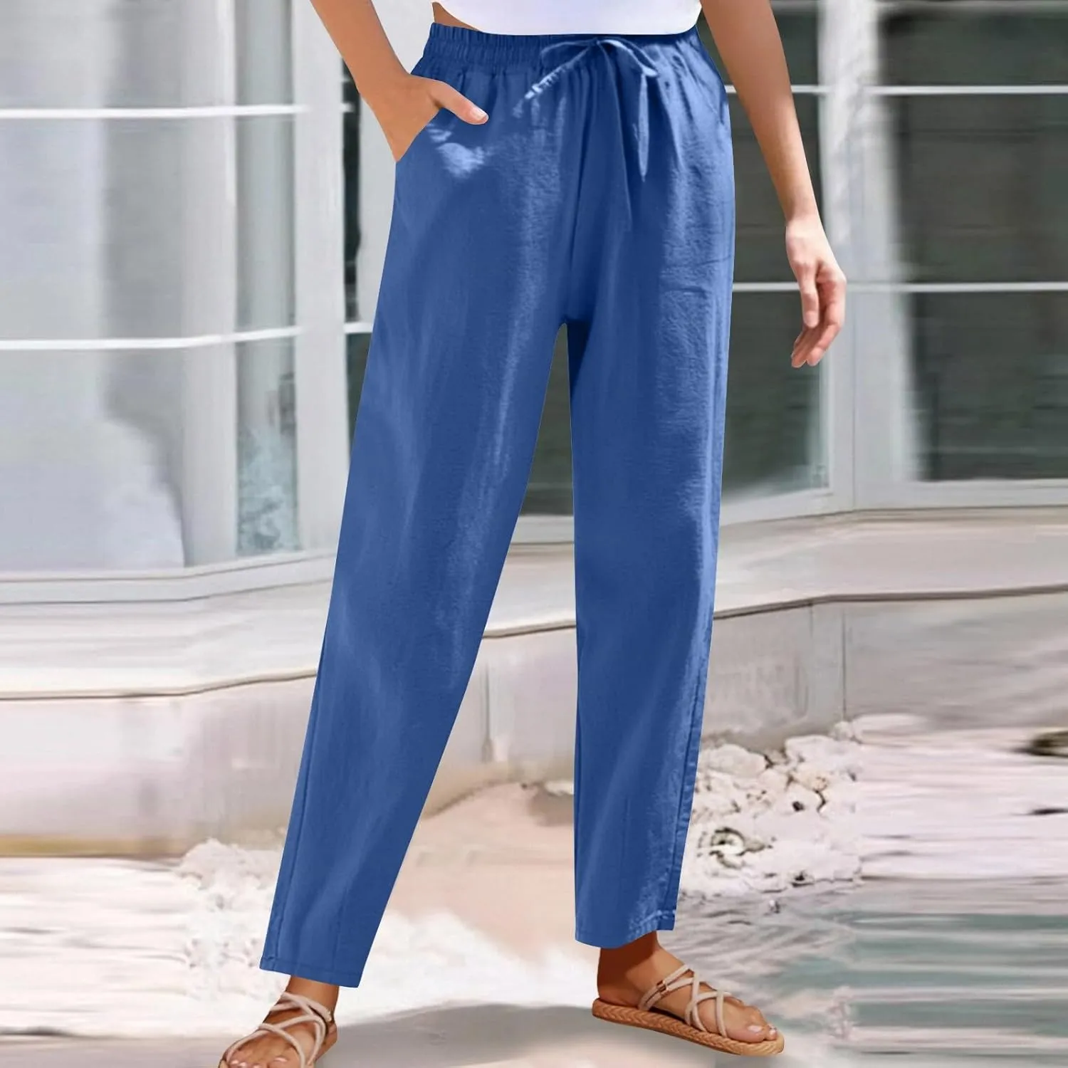 YRAETENM Petite Linen Pants for Women Casual Elastic Drawstring Cotton Trousers Summer Beach Lounge Pants with Pockets