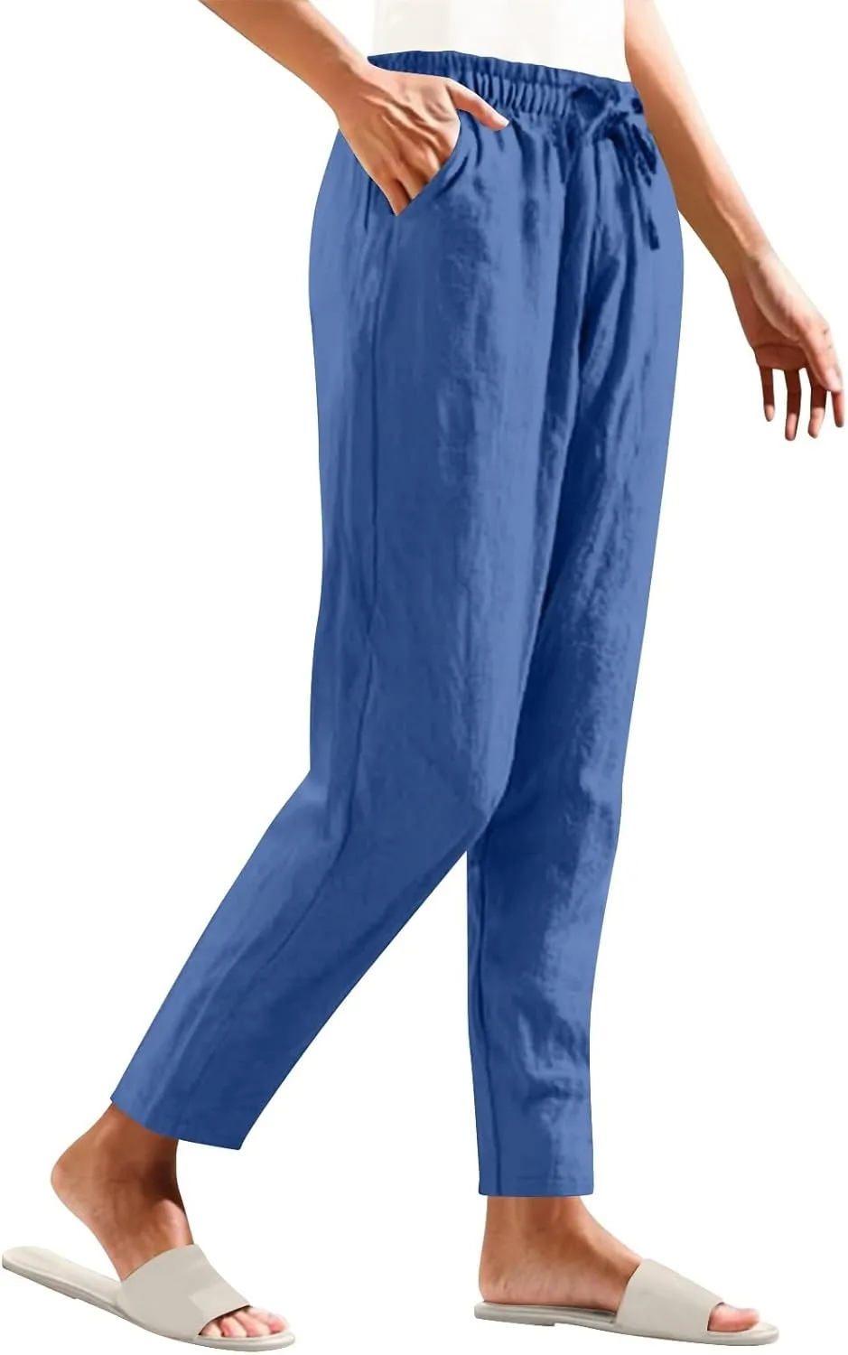 YRAETENM Petite Linen Pants for Women Casual Elastic Drawstring Cotton Trousers Summer Beach Lounge Pants with Pockets