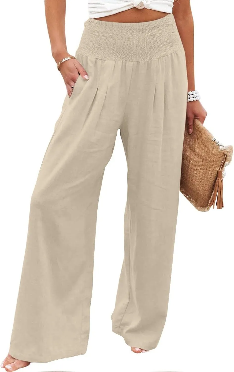 ZDRZK Women Linen Palazzo Pants Summer 2023 Boho Wide Leg High Waist Casual Flowy Lounge Pant Trousers with Pocket