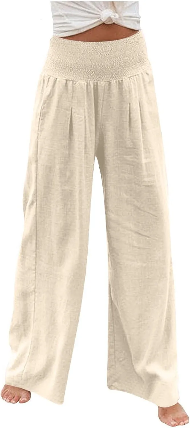 ZDRZK Women Linen Palazzo Pants Summer 2023 Boho Wide Leg High Waist Casual Flowy Lounge Pant Trousers with Pocket