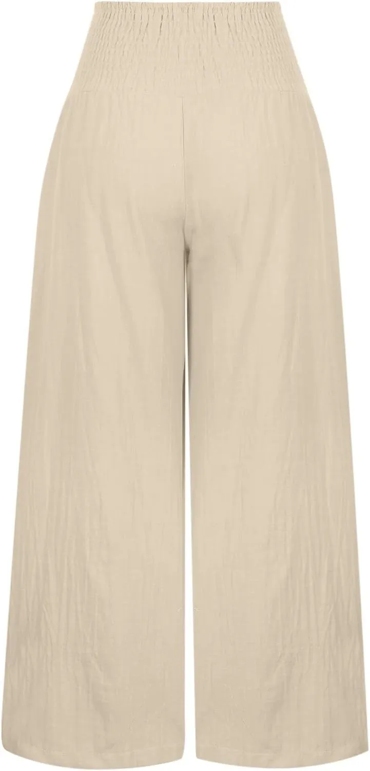 ZDRZK Women Linen Palazzo Pants Summer 2023 Boho Wide Leg High Waist Casual Flowy Lounge Pant Trousers with Pocket