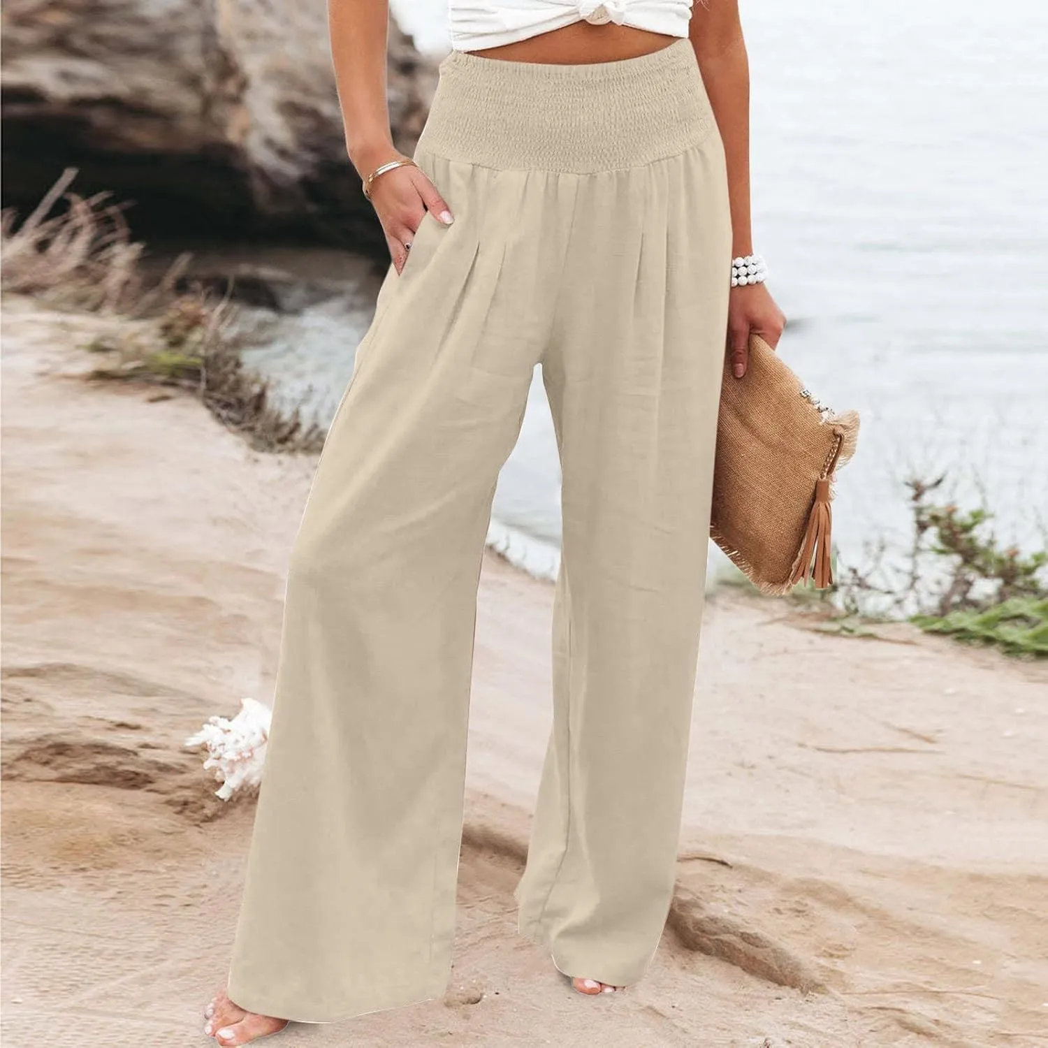 ZDRZK Women Linen Palazzo Pants Summer 2023 Boho Wide Leg High Waist Casual Flowy Lounge Pant Trousers with Pocket