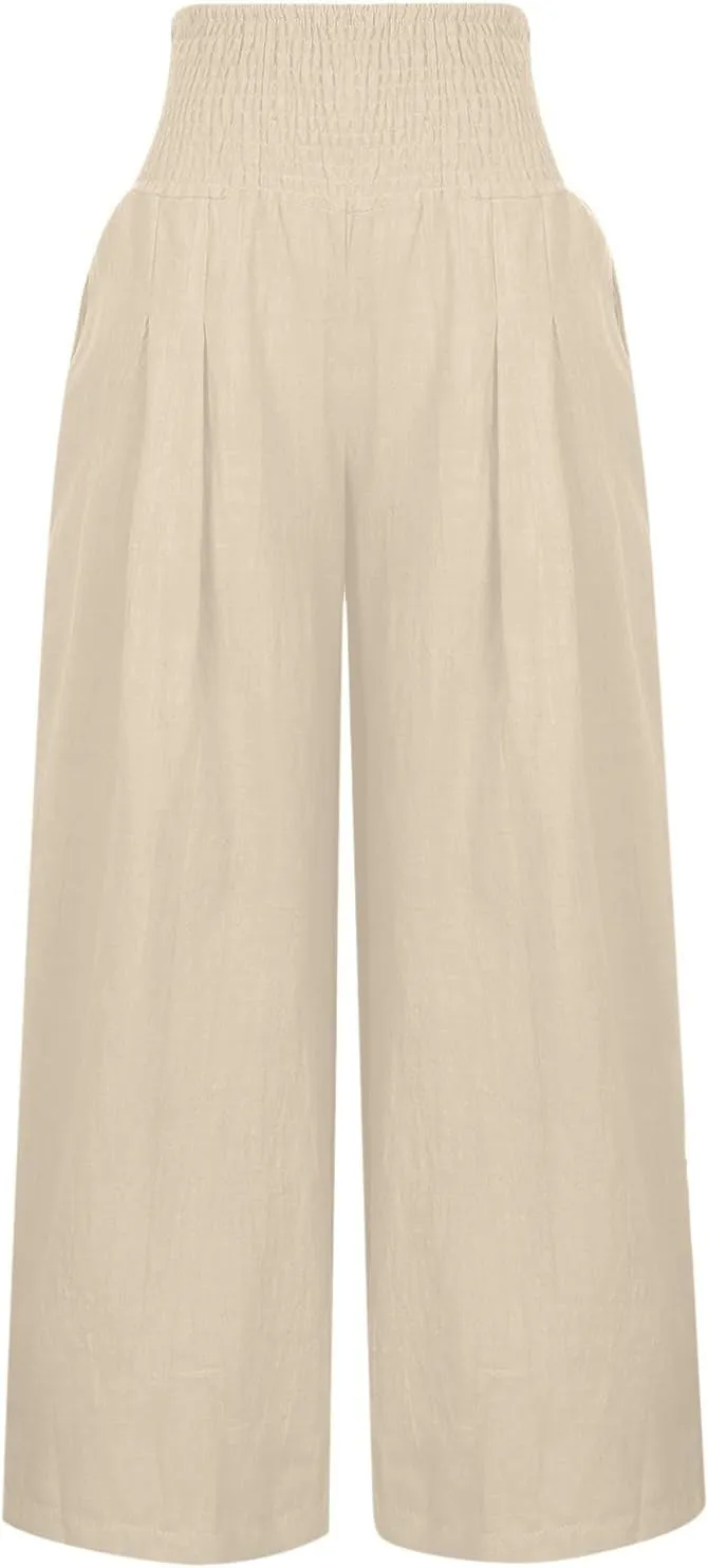 ZDRZK Women Linen Palazzo Pants Summer 2023 Boho Wide Leg High Waist Casual Flowy Lounge Pant Trousers with Pocket