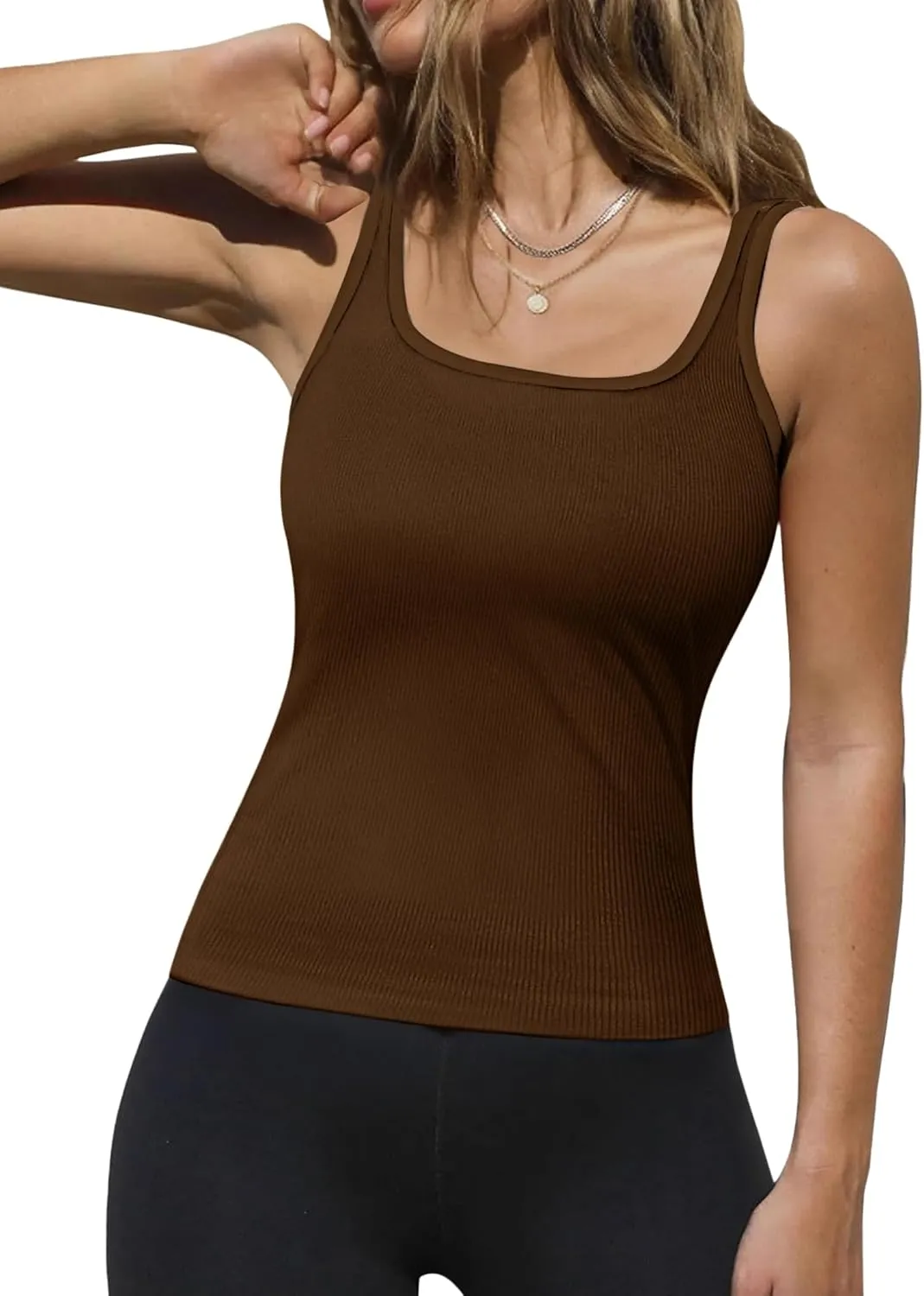 Zeagoo Womens Ribbed Tank Tops Square Neck Summer Tops Slim Fitted Spaghetti Strap Camisole Basic Sleeveless Layering Shirts