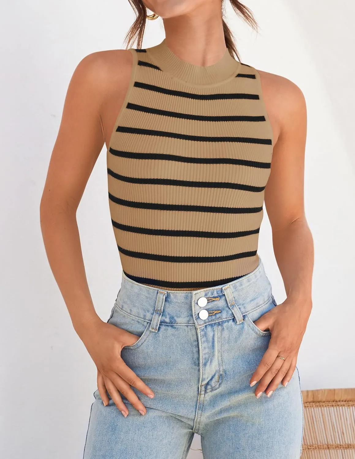 ZESICA Womens Ribbed Tank Tops High Neck Slim Fitted Striped Basic Casual Summer Sleeveless Shirts